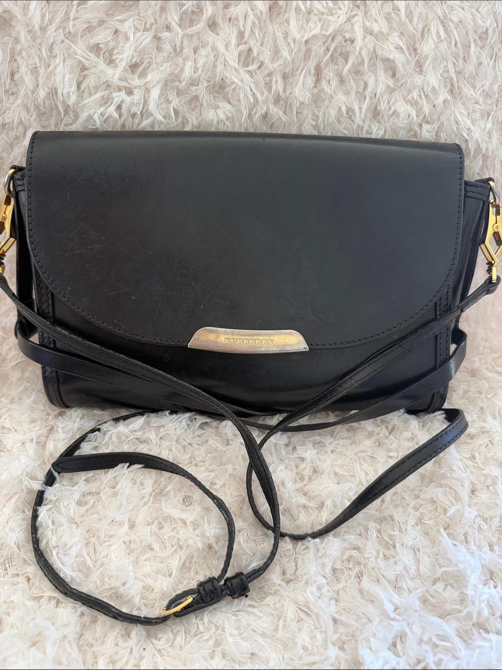Burberry Bridel House Check Abbot Blk Leather Flap With Gold Hardware